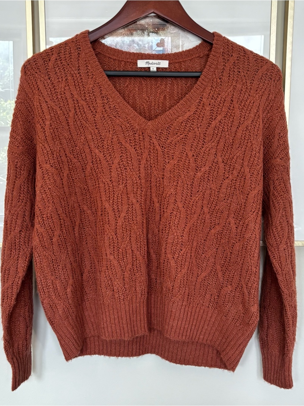 Madewell Rust Cable-Knit V-Neck Sweater